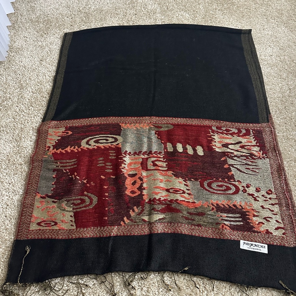 100% Pashmina Black Handwoven Shawl with Burgundy and Gold Abstract Panel